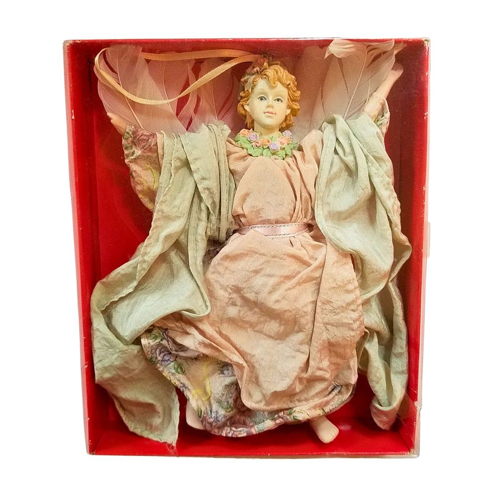 Vintage 80’s Porcelain Victorian Winged Feathers Angel Doll Ornament 7.50” FLAW*